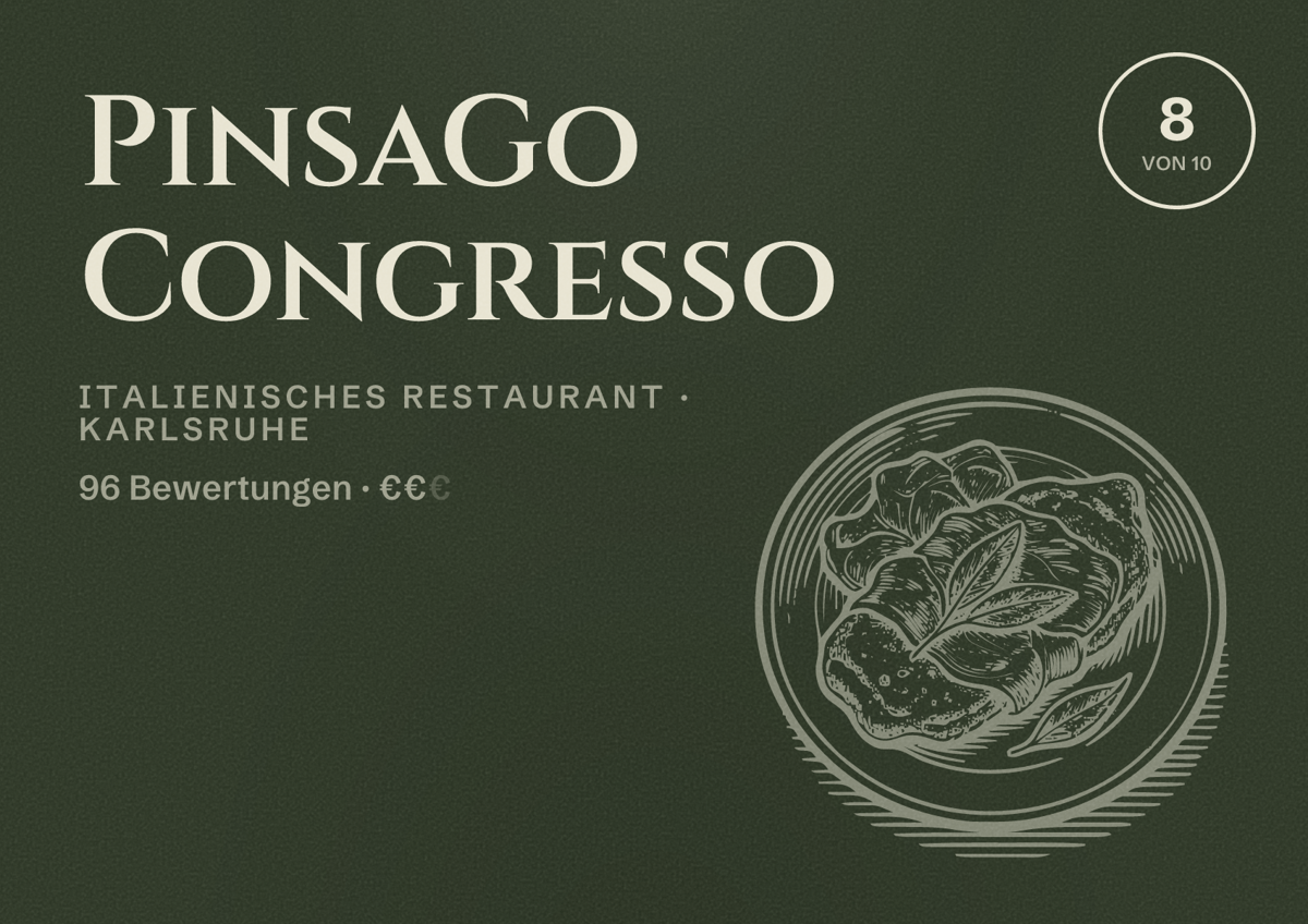 Illustriertes Poster von PinsaGo Congresso, Italienisches Restaurant in Karlsruhe: Bewertung 8 von 10 aus 96 Bewertungen, Preisniveau €€
