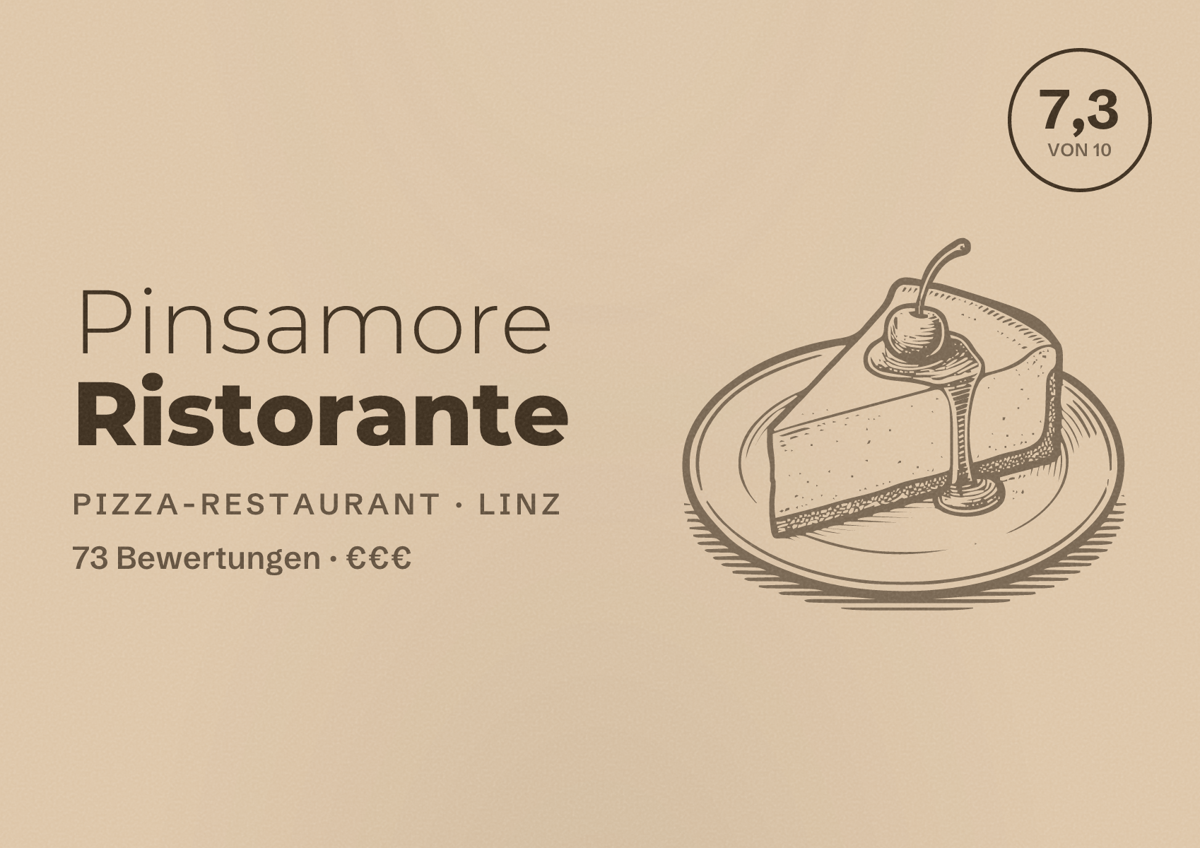 Illustriertes Poster von Pinsamore Ristorante, Pizza-Restaurant in Linz: Bewertung 7,3 von 10 aus 73 Bewertungen, Preisniveau €€€