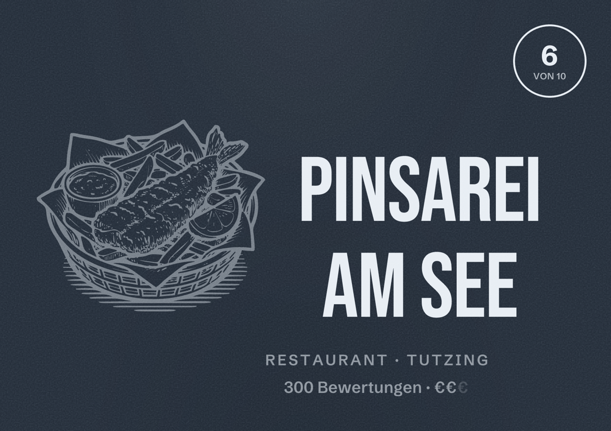 Illustriertes Poster von Pinsarei am See, Restaurant in Tutzing: Bewertung 6 von 10 aus 300 Bewertungen, Preisniveau €€