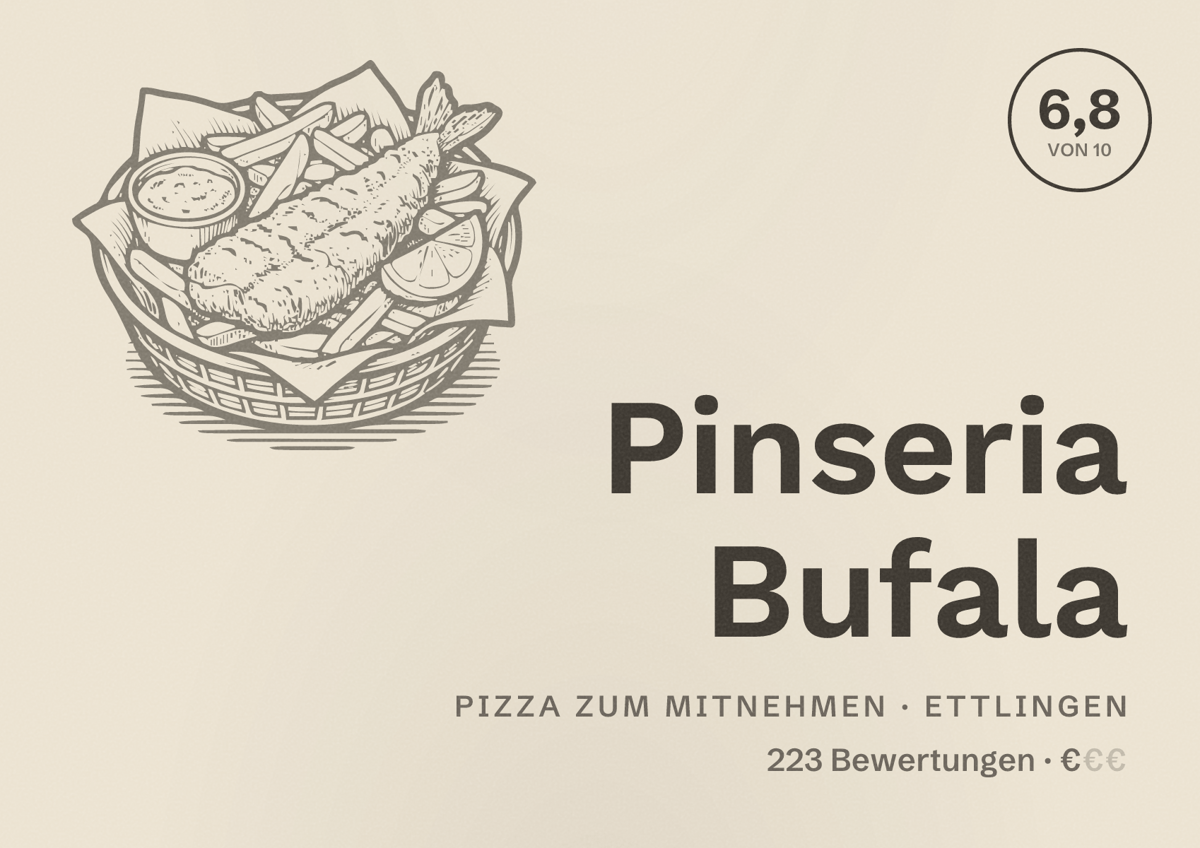 Illustriertes Poster von Pinseria Bufala, Pizza zum Mitnehmen in Ettlingen: Bewertung 6,8 von 10 aus 223 Bewertungen, Preisniveau €
