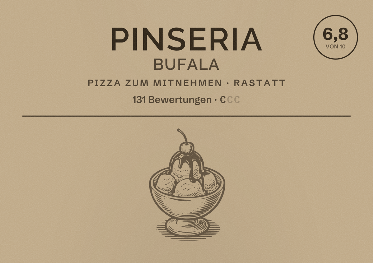Illustriertes Poster von Pinseria Bufala, Pizza zum Mitnehmen in Rastatt: Bewertung 6,8 von 10 aus 131 Bewertungen, Preisniveau €