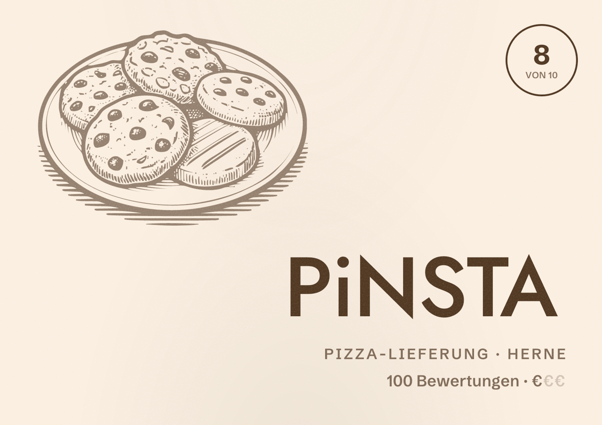 Illustriertes Poster von PiNSTA, Pizza-Lieferung in Herne: Bewertung 8 von 10 aus 100 Bewertungen, Preisniveau €