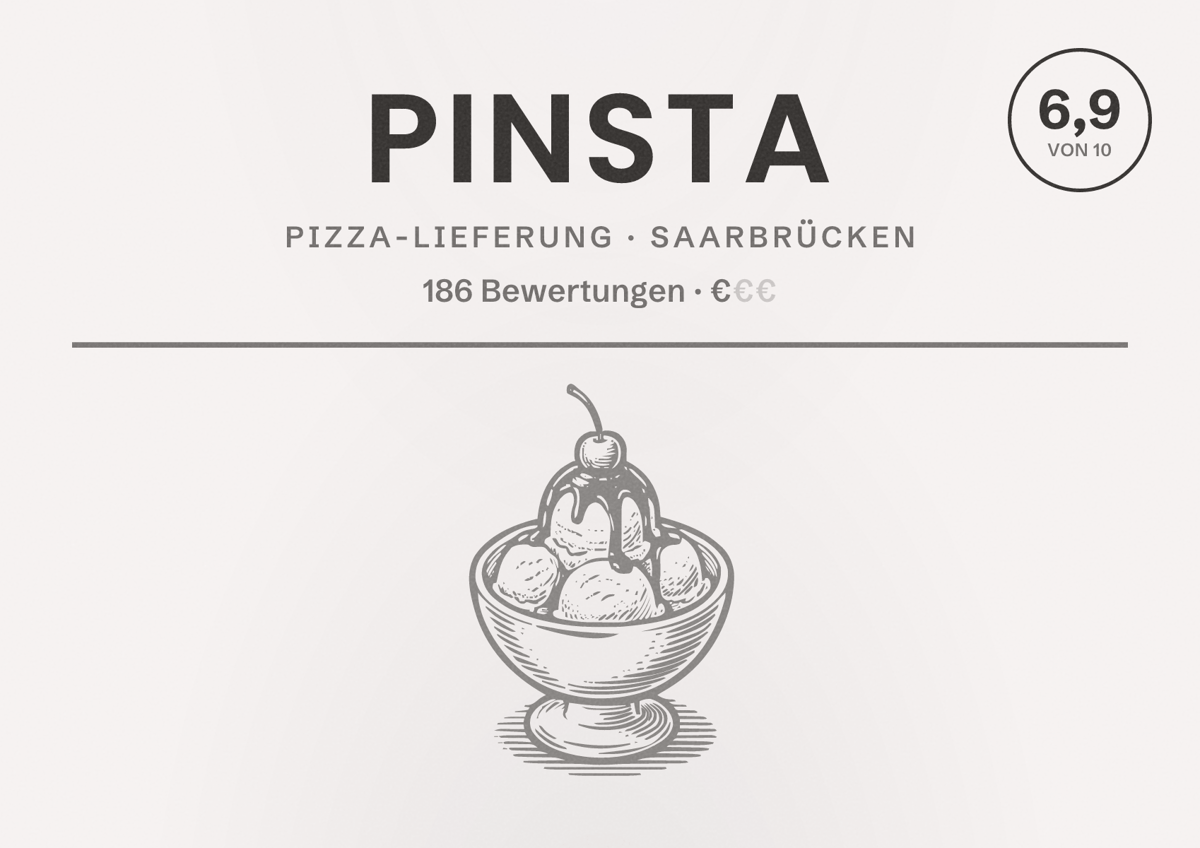 Illustriertes Poster von PiNSTA, Pizza-Lieferung in Saarbrücken: Bewertung 6,9 von 10 aus 186 Bewertungen, Preisniveau €