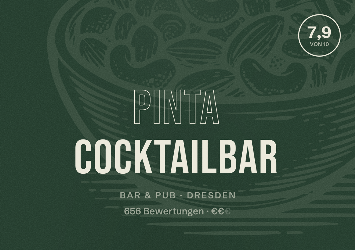 Illustriertes Poster von Pinta Cocktailbar, Bar & Pub in Dresden: Bewertung 7,9 von 10 aus 656 Bewertungen, Preisniveau €€