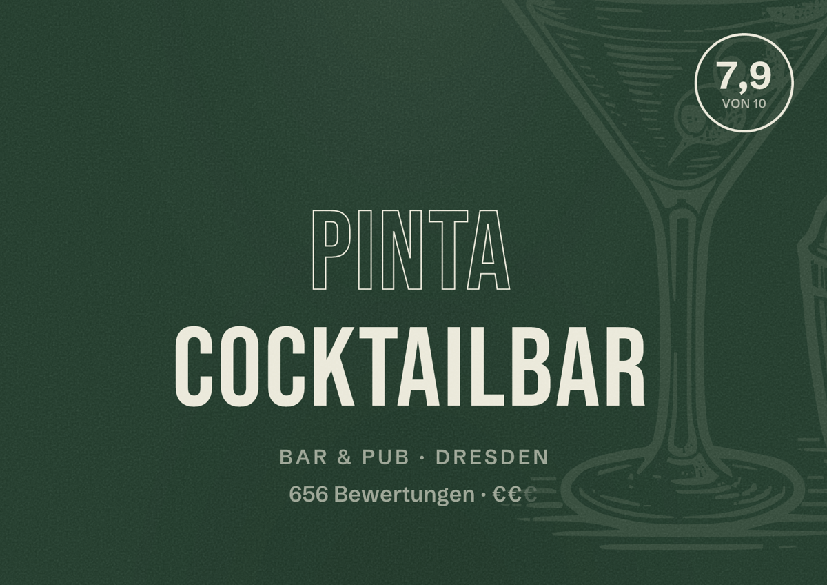 Illustriertes Poster von Pinta Cocktailbar, Bar & Pub in Dresden: Bewertung 7,9 von 10 aus 656 Bewertungen, Preisniveau €€