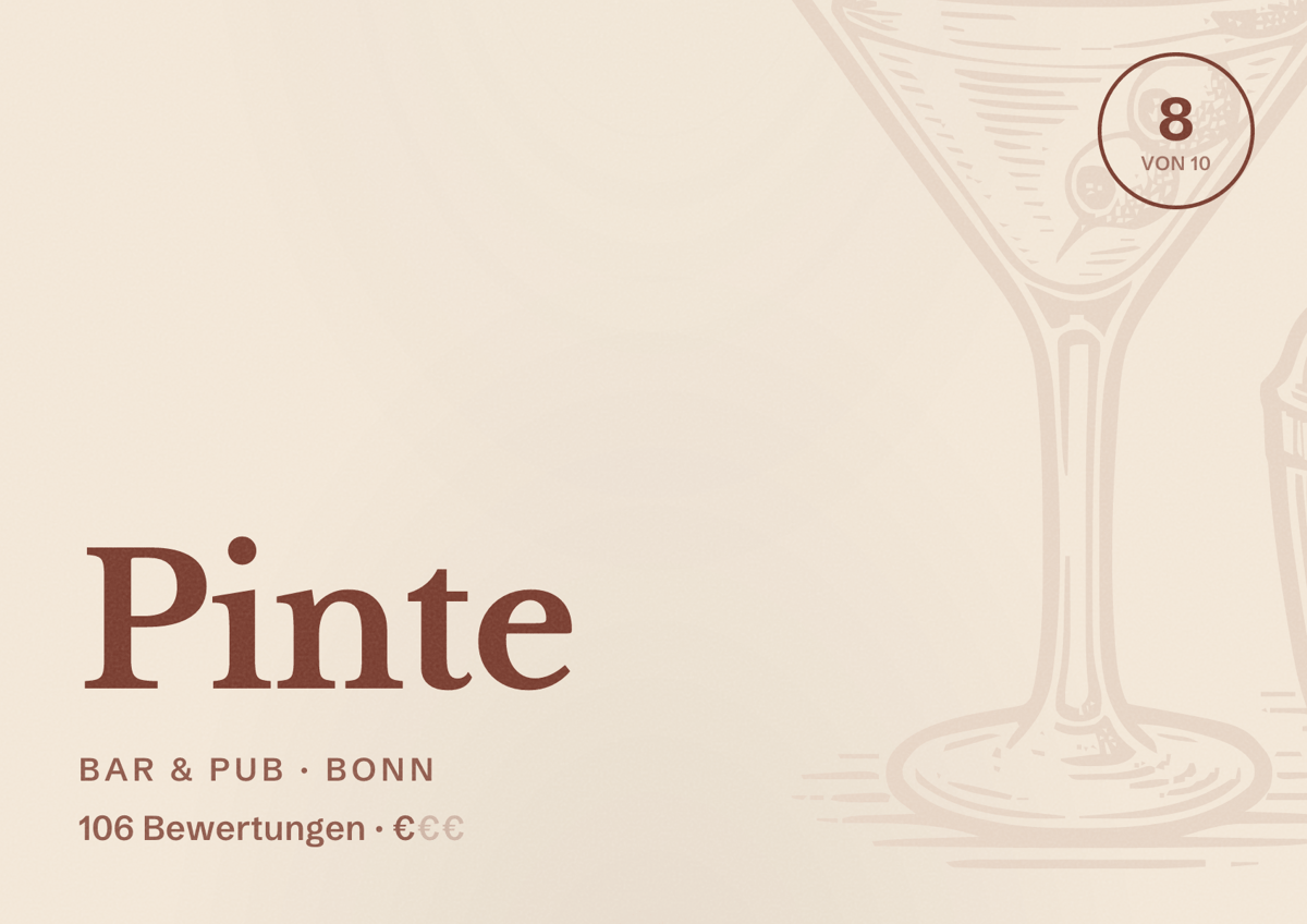 Illustriertes Poster von Pinte, Bar & Pub in Bonn: Bewertung 8 von 10 aus 106 Bewertungen, Preisniveau €