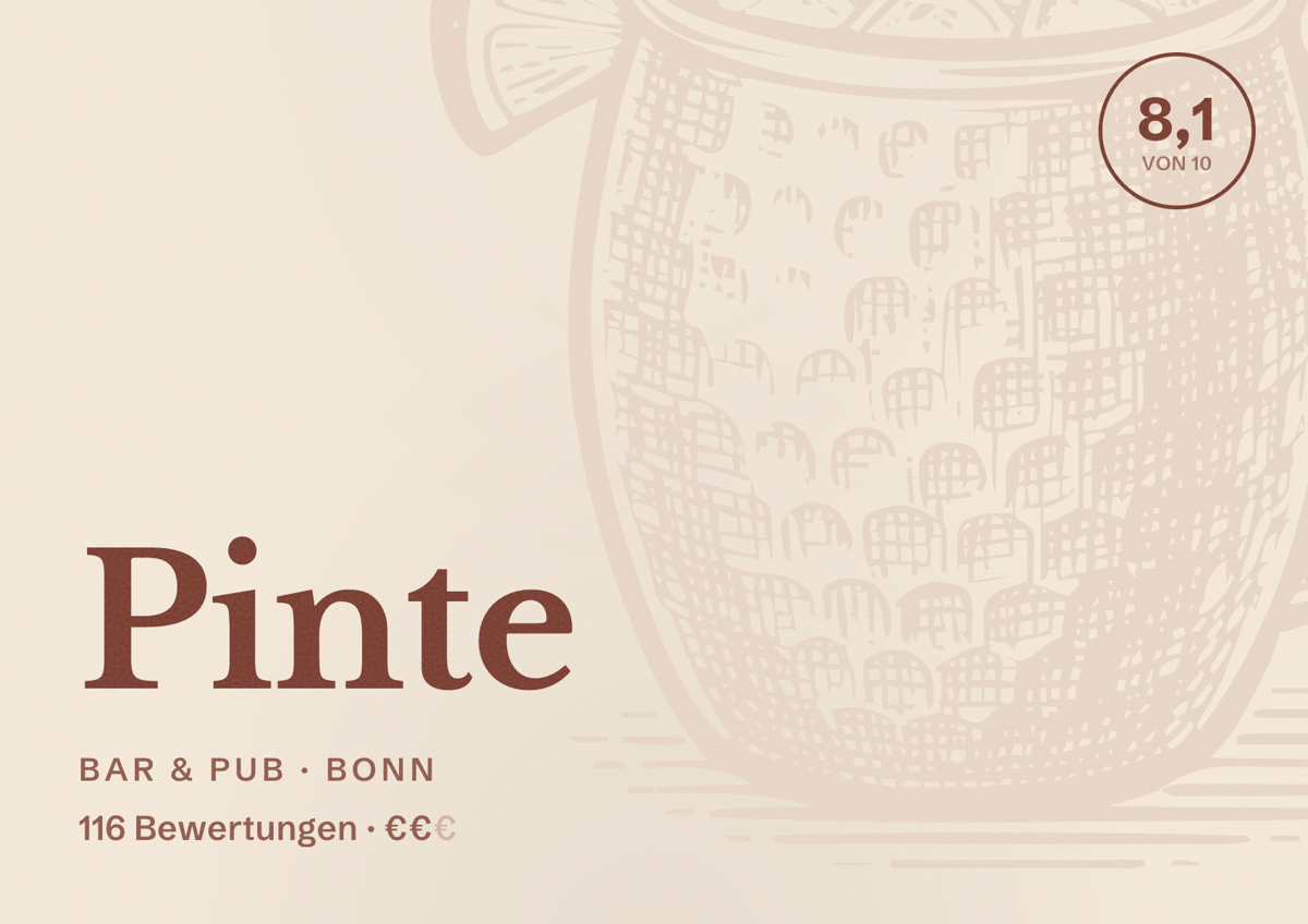 Illustriertes Poster von Pinte, Bar & Pub in Bonn: Bewertung 8,1 von 10 aus 116 Bewertungen, Preisniveau €€