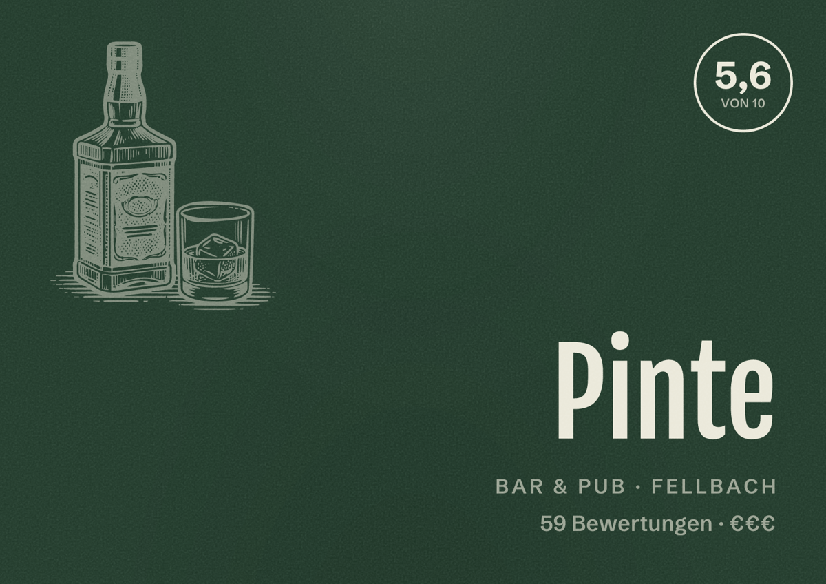 Illustriertes Poster von Pinte, Bar & Pub in Fellbach: Bewertung 5,6 von 10 aus 59 Bewertungen, Preisniveau €€€