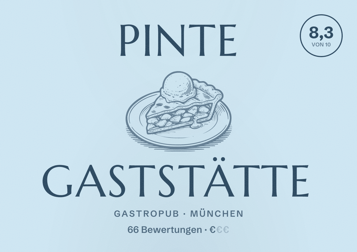 Illustriertes Poster von Pinte Gaststätte, Gastropub in München: Bewertung 8,3 von 10 aus 66 Bewertungen, Preisniveau €