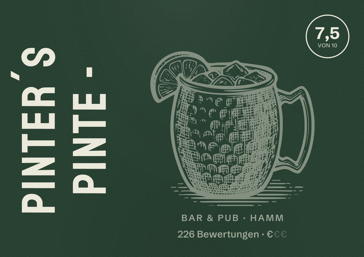 Illustriertes Poster von Pinter´s Pinte -, Bar & Pub in Hamm: Bewertung 7,5 von 10 aus 226 Bewertungen, Preisniveau €