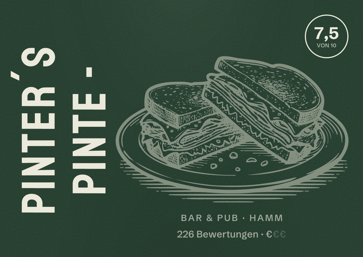 Illustriertes Poster von Pinter´s Pinte -, Bar & Pub in Hamm: Bewertung 7,5 von 10 aus 226 Bewertungen, Preisniveau €