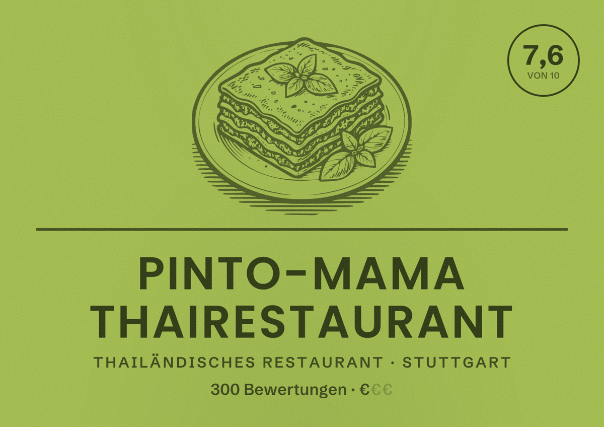 Illustriertes Poster von Pinto-Mama Thairestaurant, Thailändisches Restaurant in Stuttgart: Bewertung 7,6 von 10 aus 300 Bewertungen, Preisniveau €