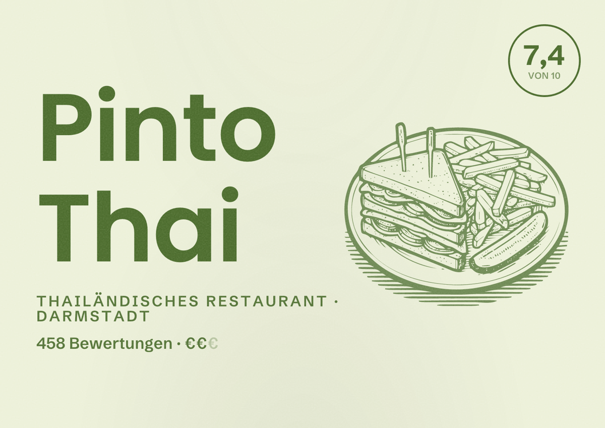 Illustriertes Poster von Pinto Thai, Thailändisches Restaurant in Darmstadt: Bewertung 7,4 von 10 aus 458 Bewertungen, Preisniveau €€