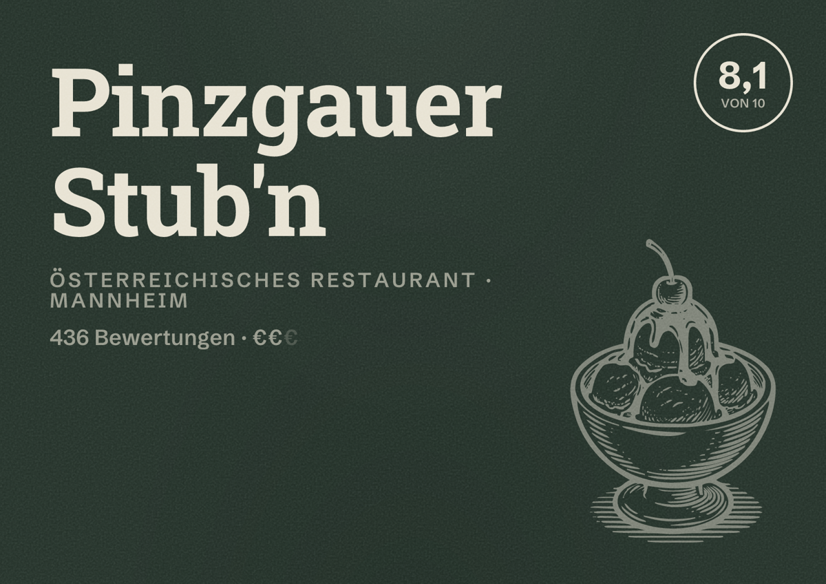 Illustriertes Poster von Pinzgauer Stub'n, Österreichisches Restaurant in Mannheim: Bewertung 8,1 von 10 aus 436 Bewertungen, Preisniveau €€
