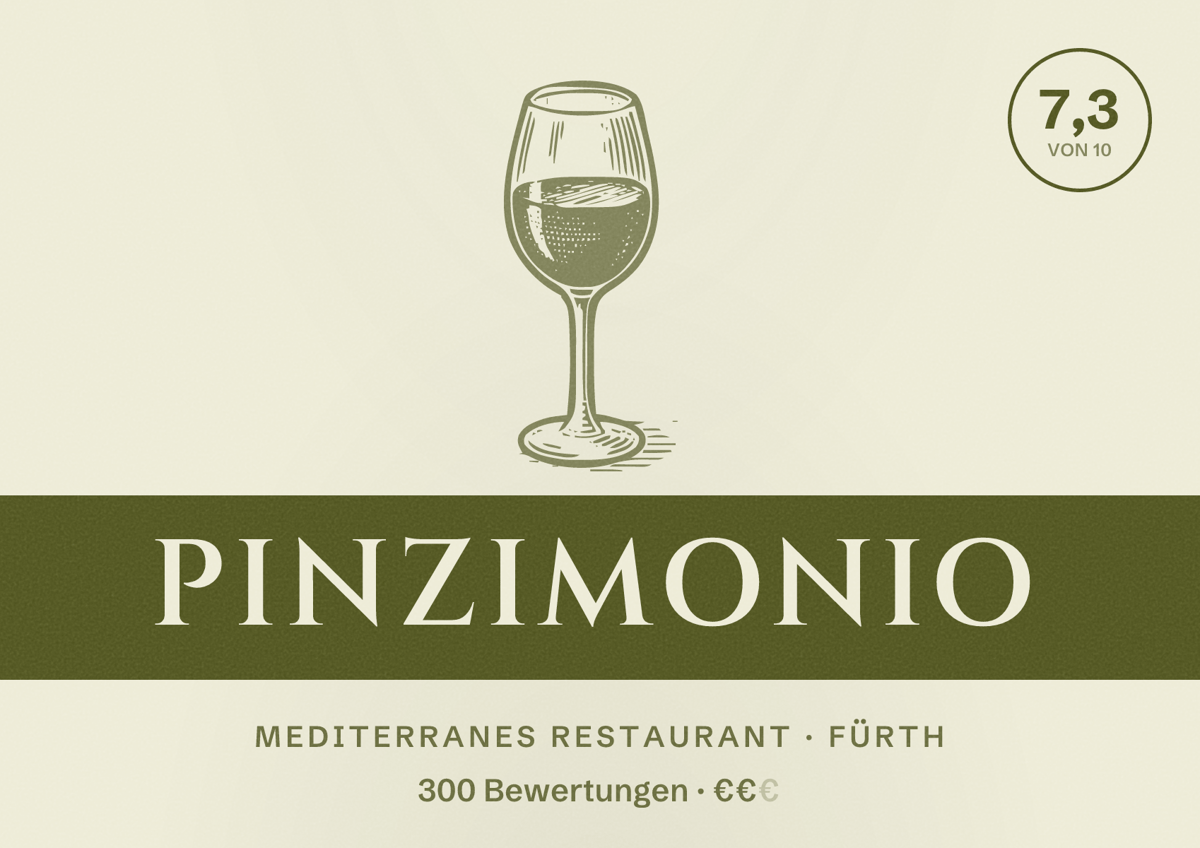 Illustriertes Poster von Pinzimonio, Mediterranes Restaurant in Fürth: Bewertung 7,3 von 10 aus 300 Bewertungen, Preisniveau €€