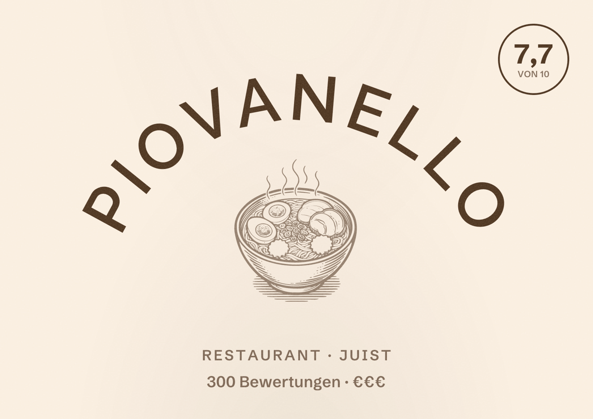 Illustriertes Poster von Piovanello, Restaurant in Juist: Bewertung 7,7 von 10 aus 300 Bewertungen, Preisniveau €€€