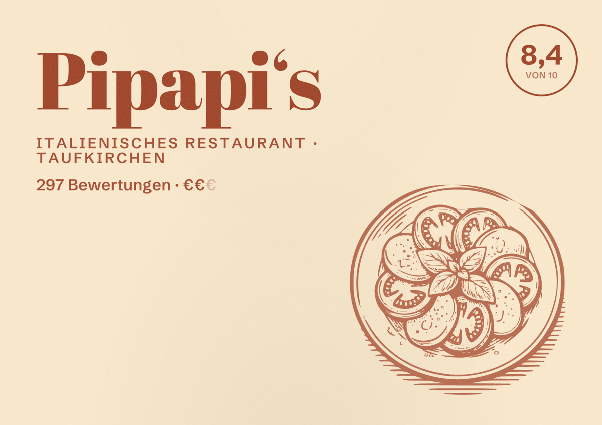 Illustriertes Poster von Pipapi‘s, Italienisches Restaurant in Taufkirchen: Bewertung 8,4 von 10 aus 297 Bewertungen, Preisniveau €€
