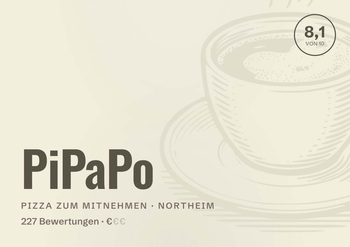 Illustriertes Poster von PiPaPo, Pizza zum Mitnehmen in Northeim: Bewertung 8,1 von 10 aus 227 Bewertungen, Preisniveau €