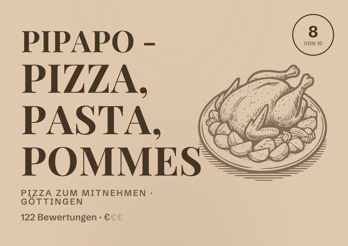 Illustriertes Poster von Pipapo - Pizza, Pasta, Pommes, Pizza zum Mitnehmen in Göttingen: Bewertung 8 von 10 aus 122 Bewertungen, Preisniveau €