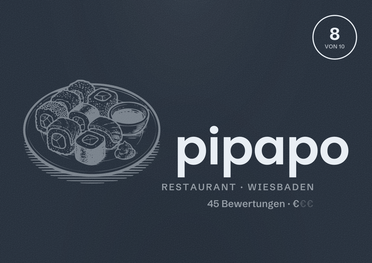 Illustriertes Poster von pipapo, Restaurant in Wiesbaden: Bewertung 8 von 10 aus 45 Bewertungen, Preisniveau €