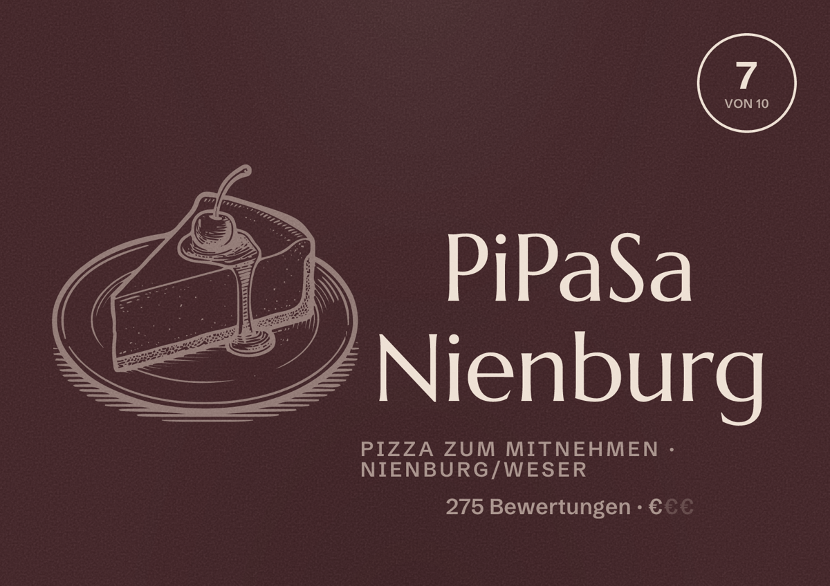 Illustriertes Poster von PiPaSa Nienburg, Pizza zum Mitnehmen in Nienburg/Weser: Bewertung 7 von 10 aus 275 Bewertungen, Preisniveau €