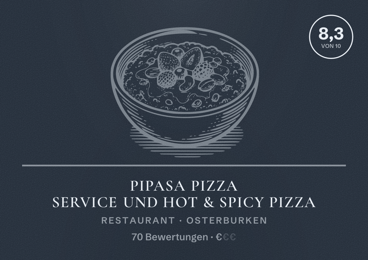 Illustriertes Poster von Pipasa Pizza Service und Hot & Spicy pizza, Restaurant in Osterburken: Bewertung 8,3 von 10 aus 70 Bewertungen, Preisniveau €
