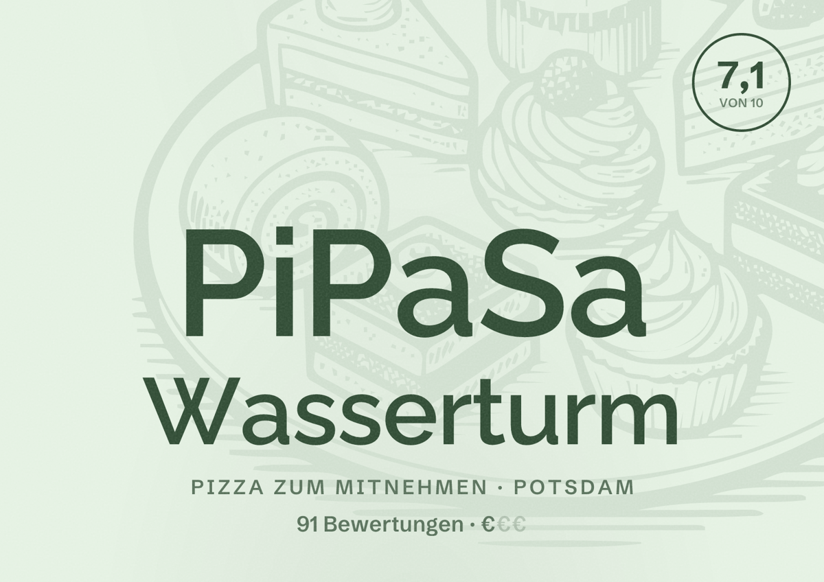 Illustriertes Poster von PiPaSa Wasserturm, Pizza zum Mitnehmen in Potsdam: Bewertung 7,1 von 10 aus 91 Bewertungen, Preisniveau €