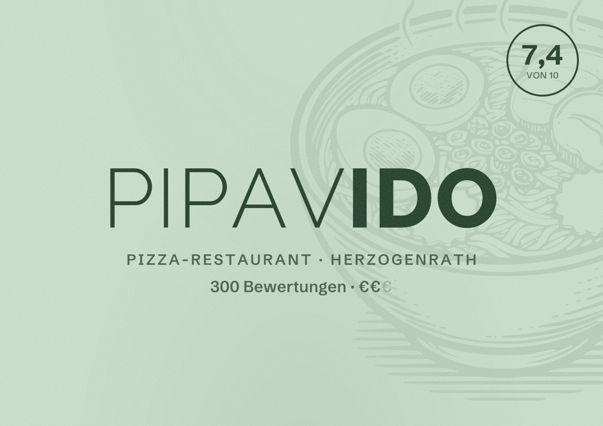 Illustriertes Poster von Pipavido, Pizza-Restaurant in Herzogenrath: Bewertung 7,4 von 10 aus 300 Bewertungen, Preisniveau €€
