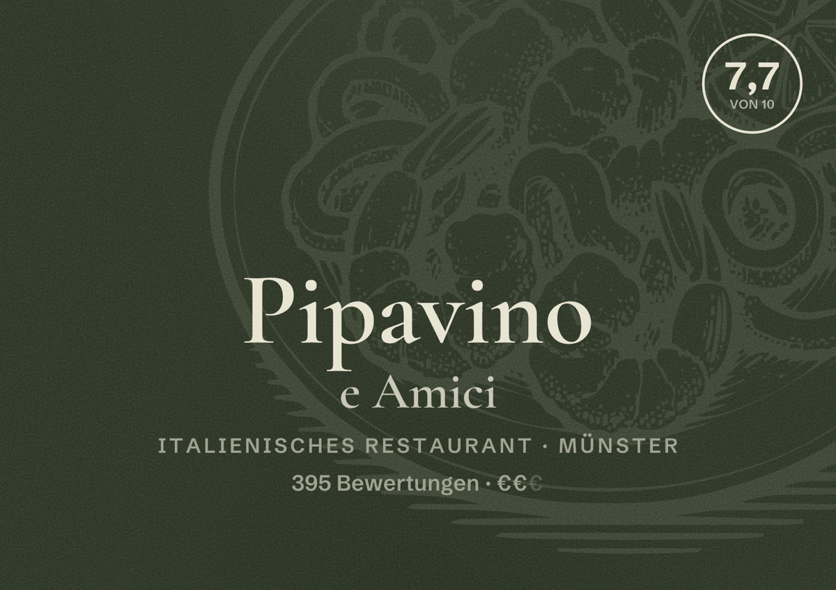 Illustriertes Poster von Pipavino e Amici, Italienisches Restaurant in Münster: Gästebewertung 7,7 von 10 aus 395 Bewertungen
