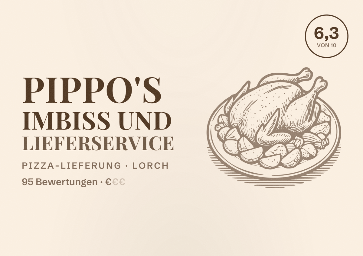 Illustriertes Poster von Pippo's Imbiss und Lieferservice, Pizza-Lieferung in Lorch: Bewertung 6,3 von 10 aus 95 Bewertungen, Preisniveau €
