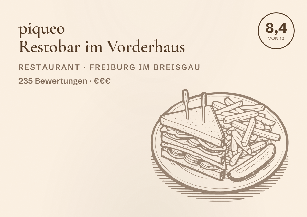 Illustriertes Poster von piqueo Restobar im Vorderhaus, Restaurant in Freiburg im Breisgau: Bewertung 8,4 von 10 aus 235 Bewertungen, Preisniveau €€€