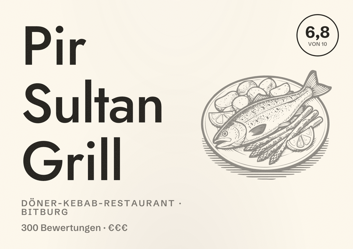 Illustriertes Poster von Pir Sultan Grill, Döner-Kebab-Restaurant in Bitburg: Bewertung 6,8 von 10 aus 300 Bewertungen, Preisniveau €€€