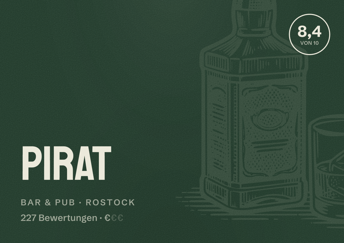 Illustriertes Poster von Pirat, Bar & Pub in Rostock: Bewertung 8,4 von 10 aus 227 Bewertungen, Preisniveau €