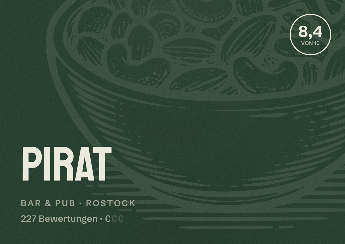Illustriertes Poster von Pirat, Bar & Pub in Rostock: Bewertung 8,4 von 10 aus 227 Bewertungen, Preisniveau €