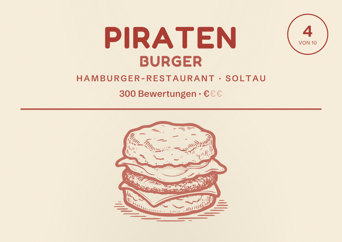 Illustriertes Poster von Piraten Burger, Hamburger-Restaurant in Soltau: Bewertung 4 von 10 aus 300 Bewertungen, Preisniveau €