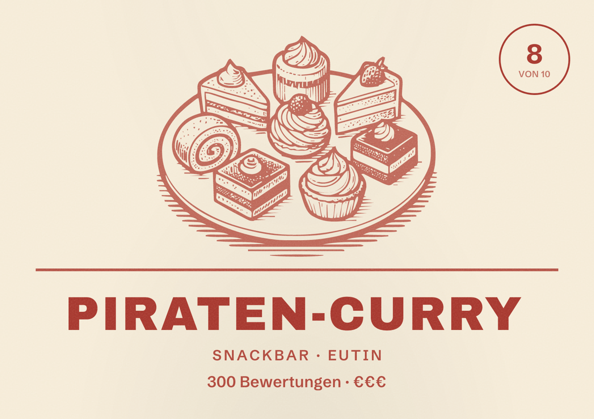 Illustriertes Poster von Piraten-Curry, Snackbar in Eutin: Bewertung 8 von 10 aus 300 Bewertungen, Preisniveau €€€
