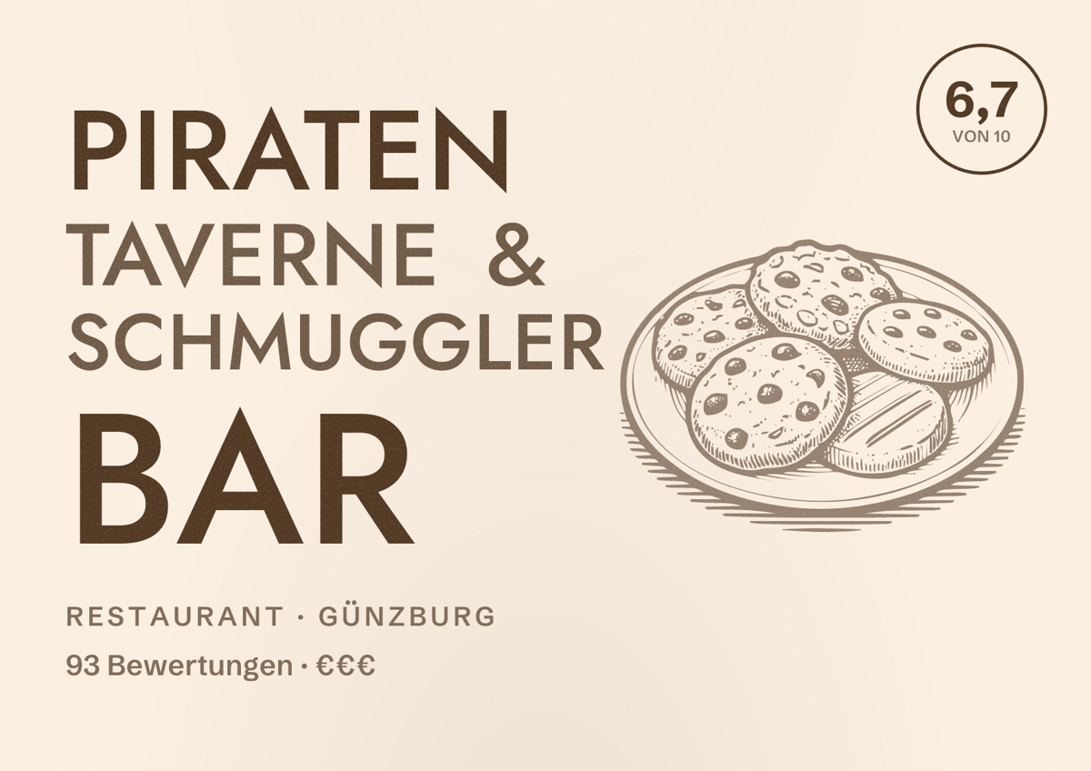 Illustriertes Poster von Piraten Taverne & Schmuggler Bar, Restaurant in Günzburg: Bewertung 6,7 von 10 aus 93 Bewertungen, Preisniveau €€€