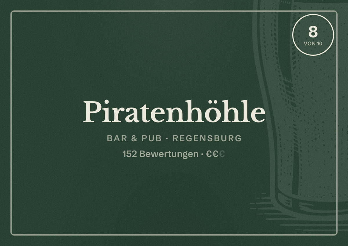 Illustriertes Poster von Piratenhöhle, Bar & Pub in Regensburg: Bewertung 8 von 10 aus 152 Bewertungen, Preisniveau €€