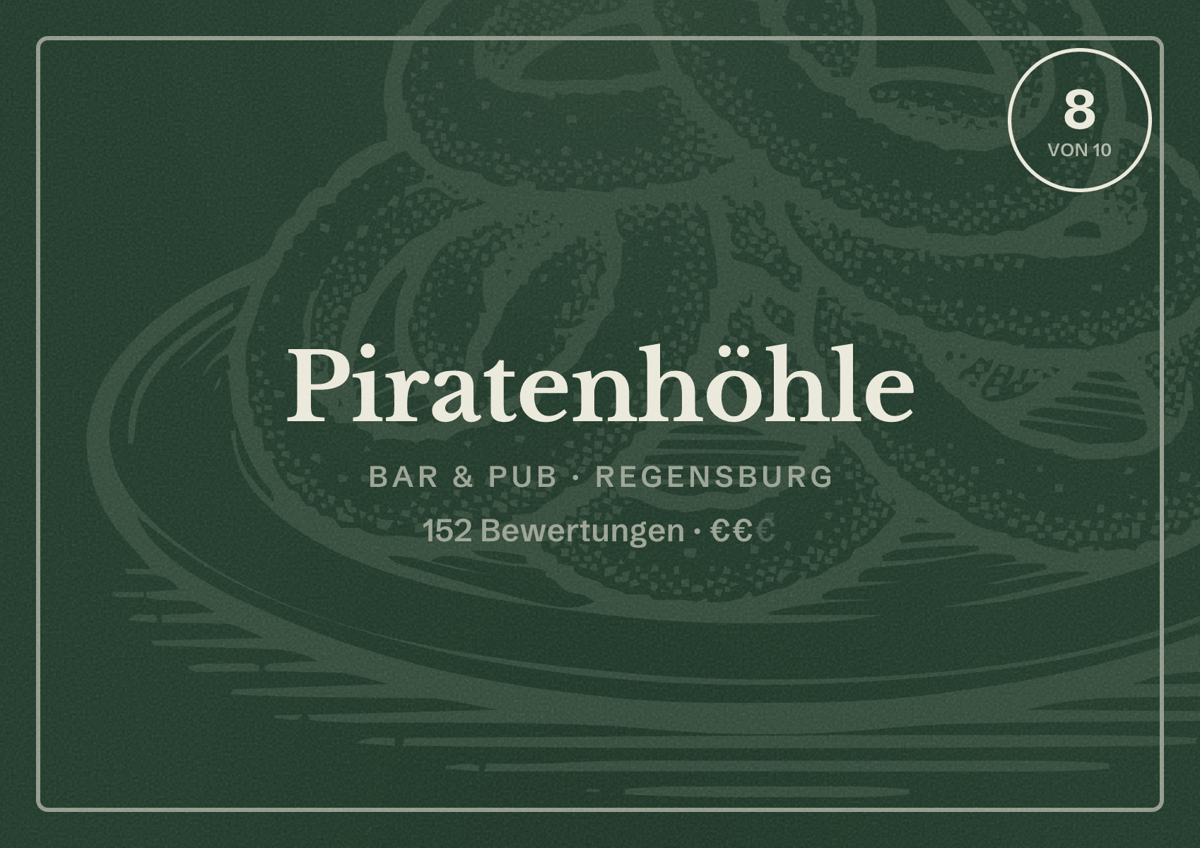 Illustriertes Poster von Piratenhöhle, Bar & Pub in Regensburg: Bewertung 8,0 von 10 aus 152 Bewertungen, Preisniveau €€
