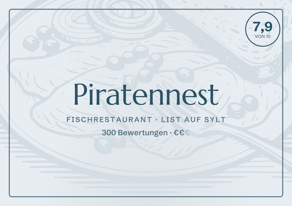 Illustriertes Poster von Piratennest, Fischrestaurant in List auf Sylt: Bewertung 7,9 von 10 aus 300 Bewertungen, Preisniveau €€