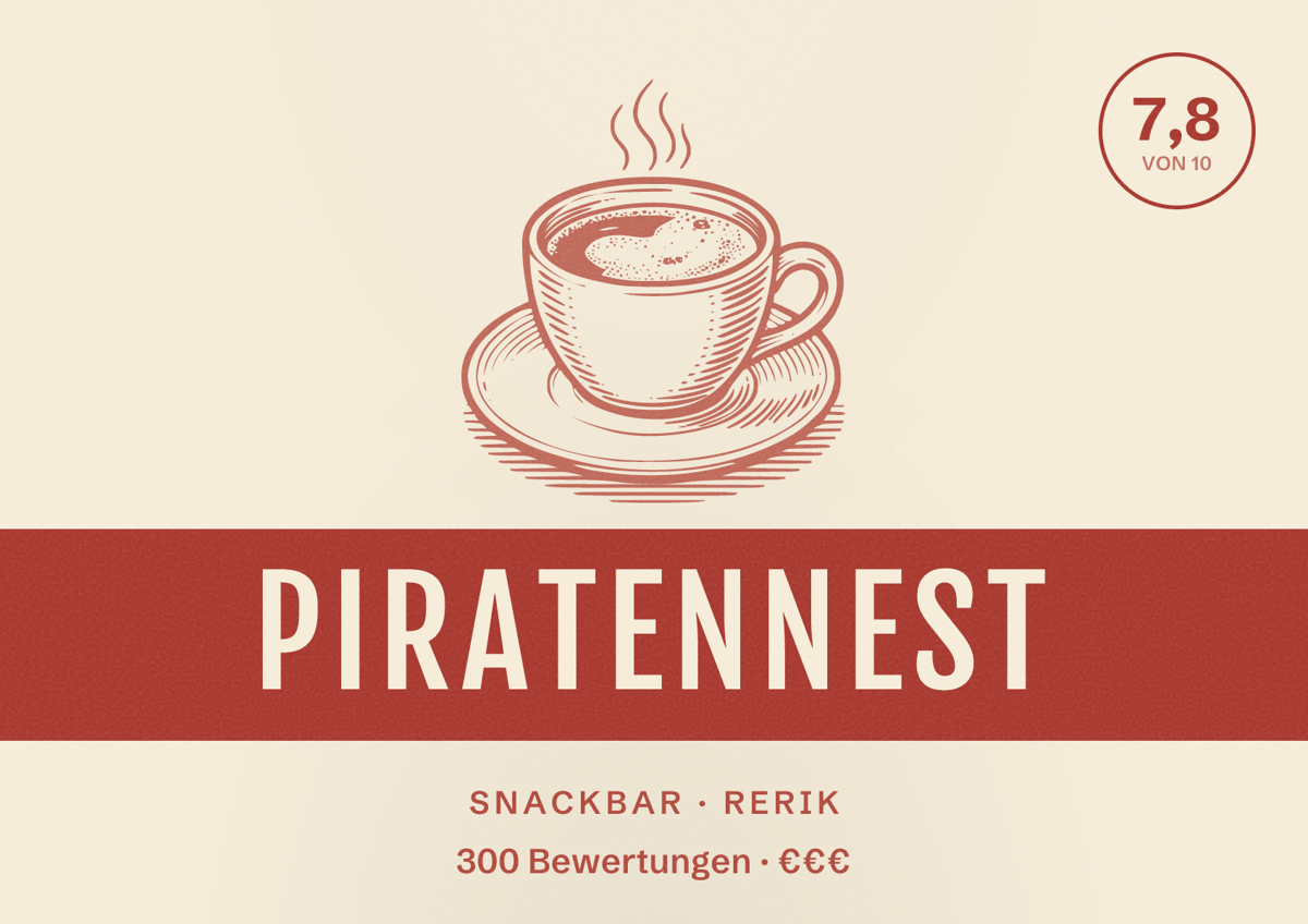 Illustriertes Poster von Piratennest, Snackbar in Rerik: Bewertung 7,8 von 10 aus 300 Bewertungen, Preisniveau €€€