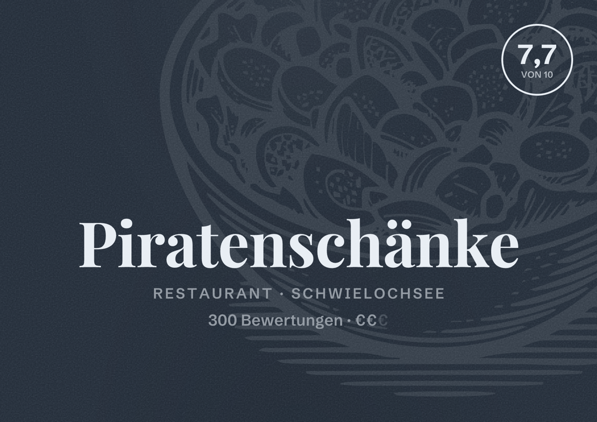 Illustriertes Poster von Piratenschänke, Restaurant in Schwielochsee: Bewertung 7,7 von 10 aus 300 Bewertungen, Preisniveau €€