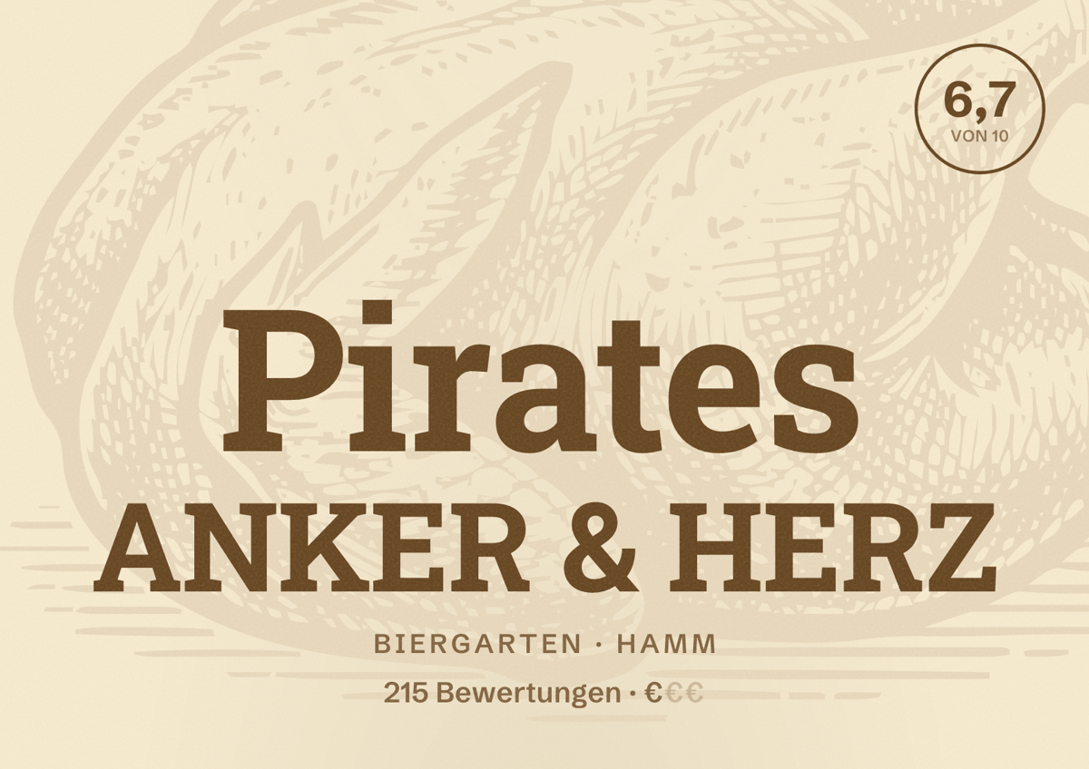 Illustriertes Poster von Pirates ANKER & HERZ, Biergarten in Hamm: Bewertung 6,7 von 10 aus 215 Bewertungen, Preisniveau €