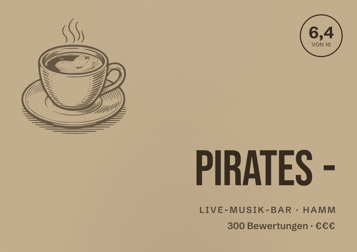 Illustriertes Poster von Pirates -, Live-Musik-Bar in Hamm: Bewertung 6,4 von 10 aus 300 Bewertungen, Preisniveau €€€
