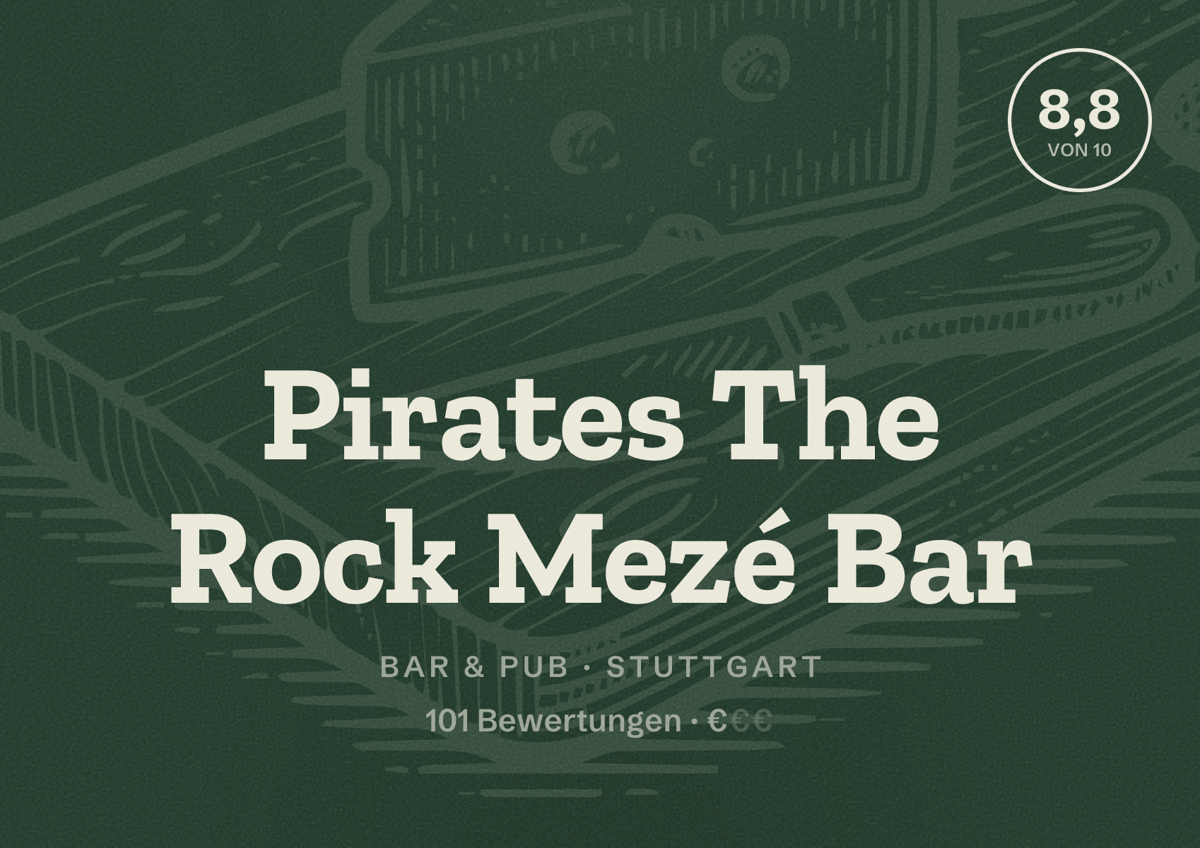 Illustriertes Poster von Pirates The Rock Mezé Bar, Bar & Pub in Stuttgart: Bewertung 8,8 von 10 aus 101 Bewertungen, Preisniveau €