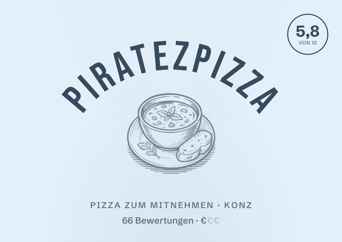 Illustriertes Poster von PiratezPizza, Pizza zum Mitnehmen in Konz: Bewertung 5,8 von 10 aus 66 Bewertungen, Preisniveau €
