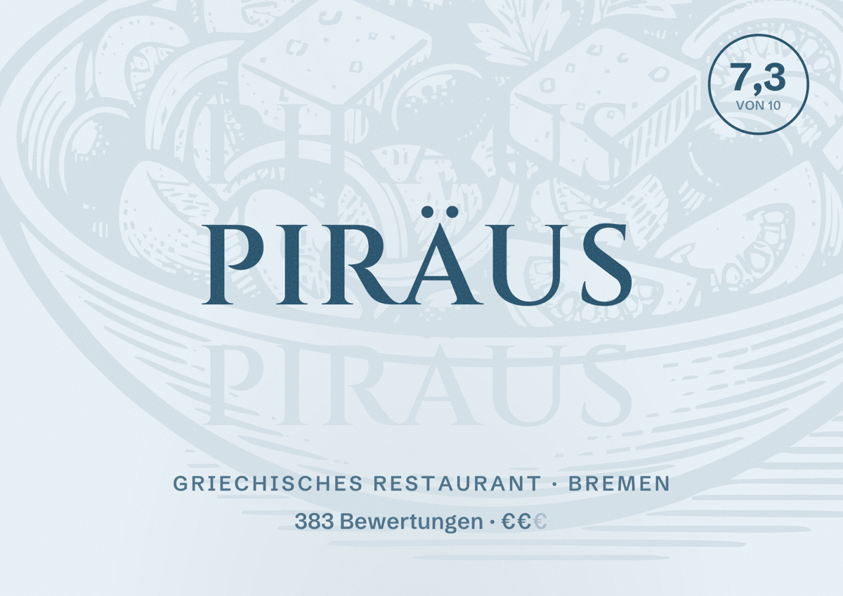 Illustriertes Poster von Piräus, Griechisches Restaurant in Bremen: Bewertung 7,3 von 10 aus 383 Bewertungen, Preisniveau €€