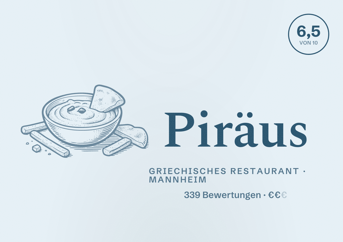 Illustriertes Poster von Piräus, Griechisches Restaurant in Mannheim: Bewertung 6,5 von 10 aus 339 Bewertungen, Preisniveau €€