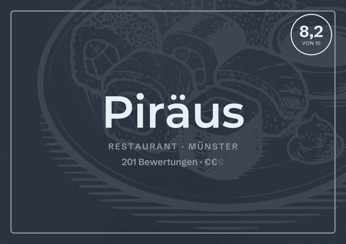 Illustriertes Poster von Piräus, Restaurant in Münster: Bewertung 8,2 von 10 aus 201 Bewertungen, Preisniveau €€