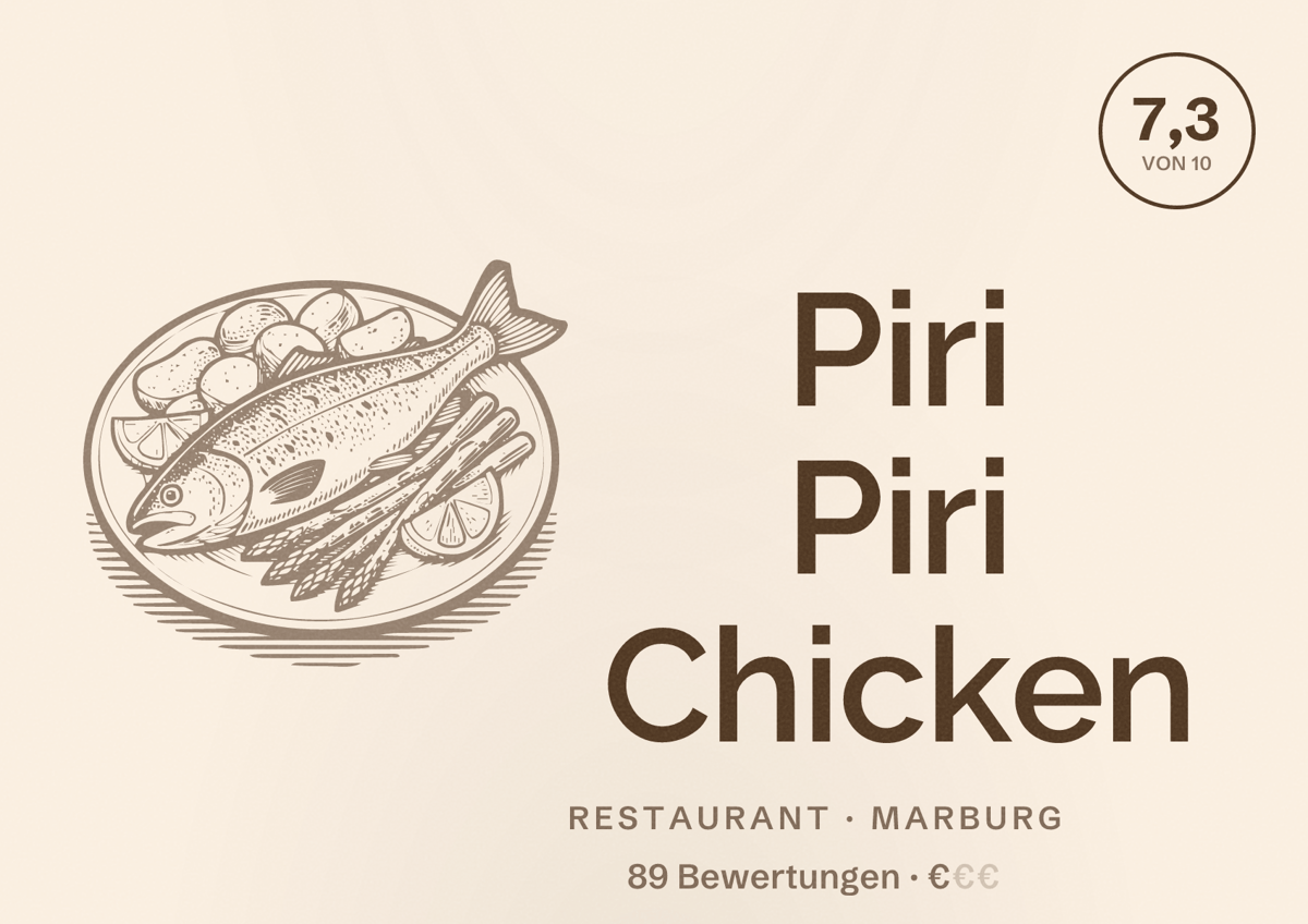 Illustriertes Poster von Piri Piri Chicken, Restaurant in Marburg: Bewertung 7,3 von 10 aus 89 Bewertungen, Preisniveau €